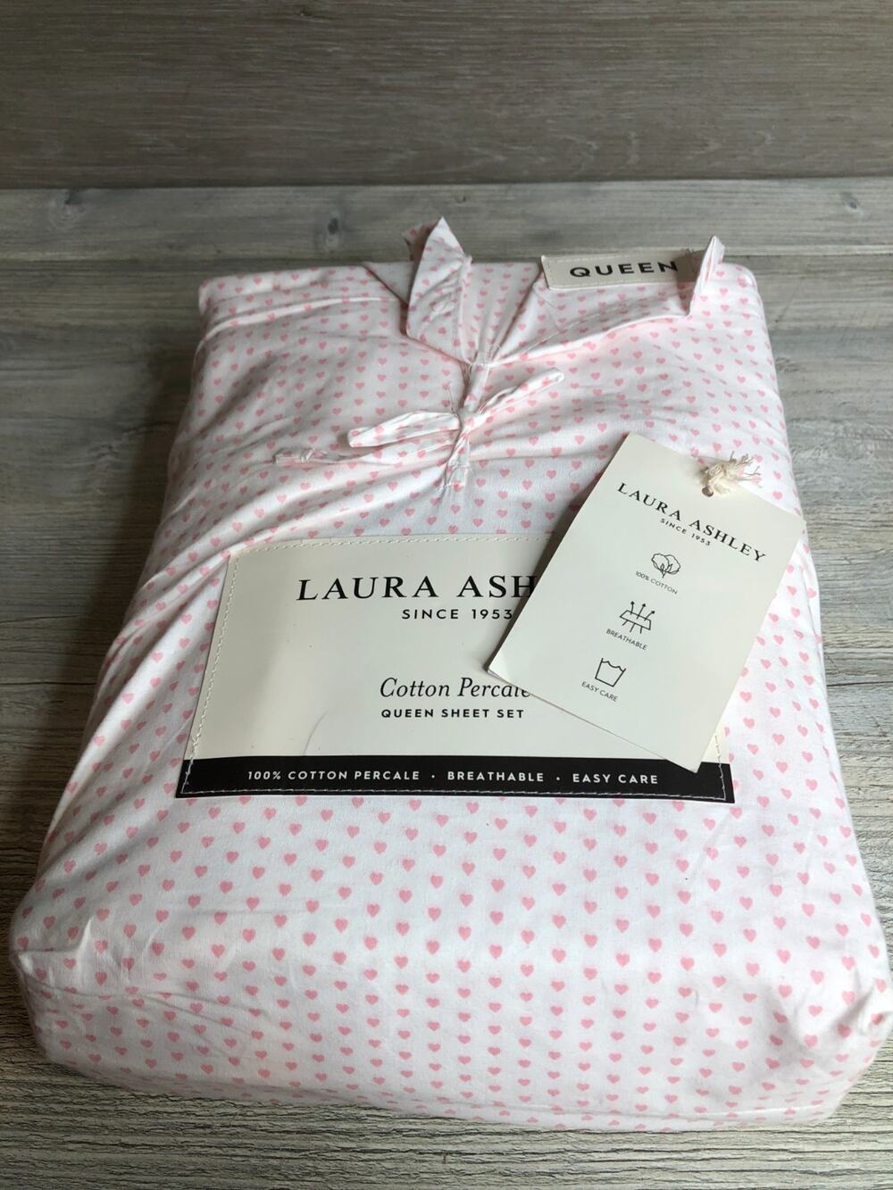 Laura Ashley QUEEN Sheet set HEART TO HEART Pink & White cotton percale sheets